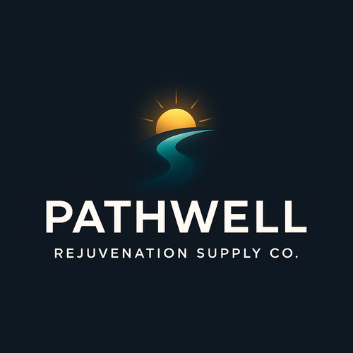 Logo of Pathwell Rejuvenation Supply Co. with a stylized sun and path on a dark background.